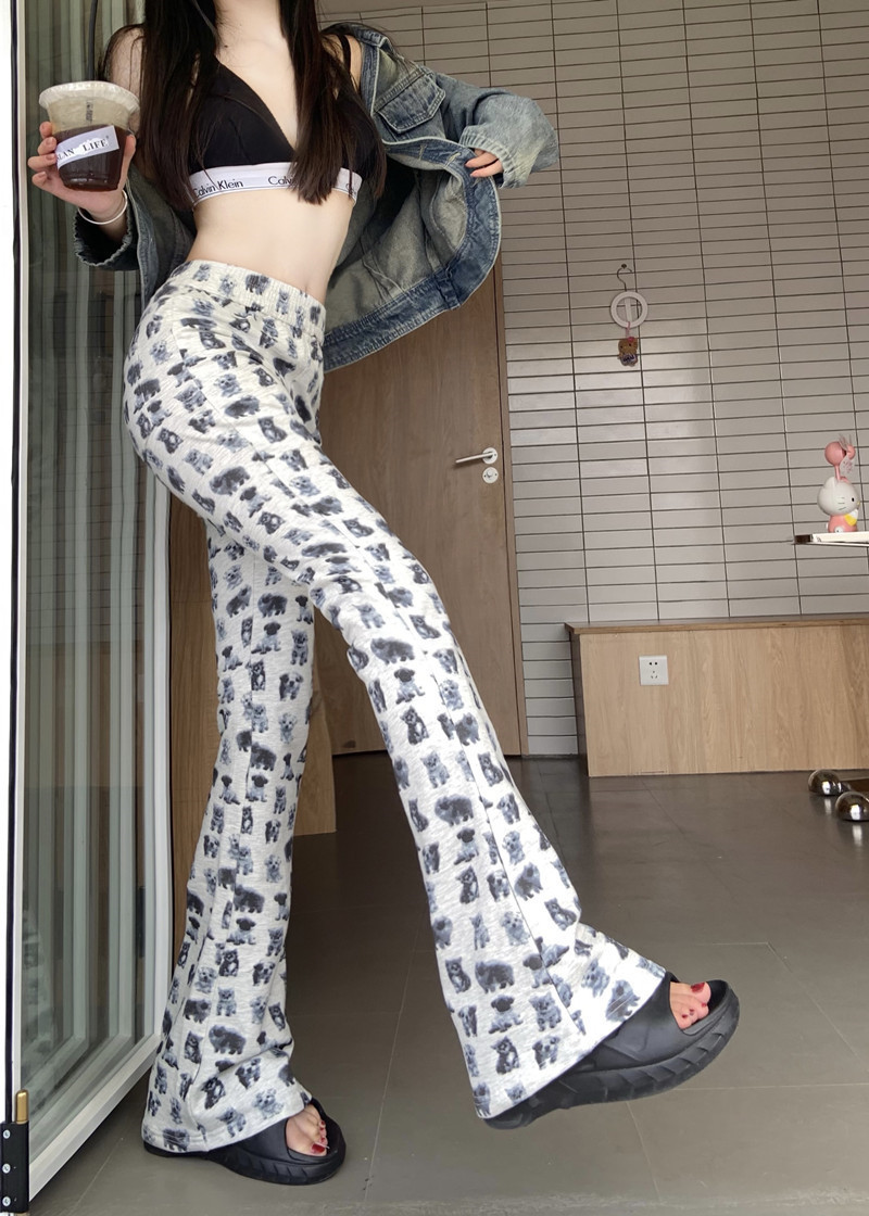松紧腰狗狗印花高腰休闲微喇叭裤女/夏季显瘦遛弯长裤直筒马蹄裤子
