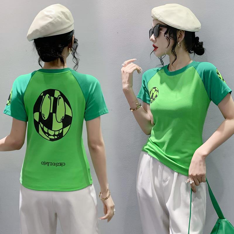 实拍2023夏季新款拼色纯色印花短袖上衣修身显瘦短款女士T恤