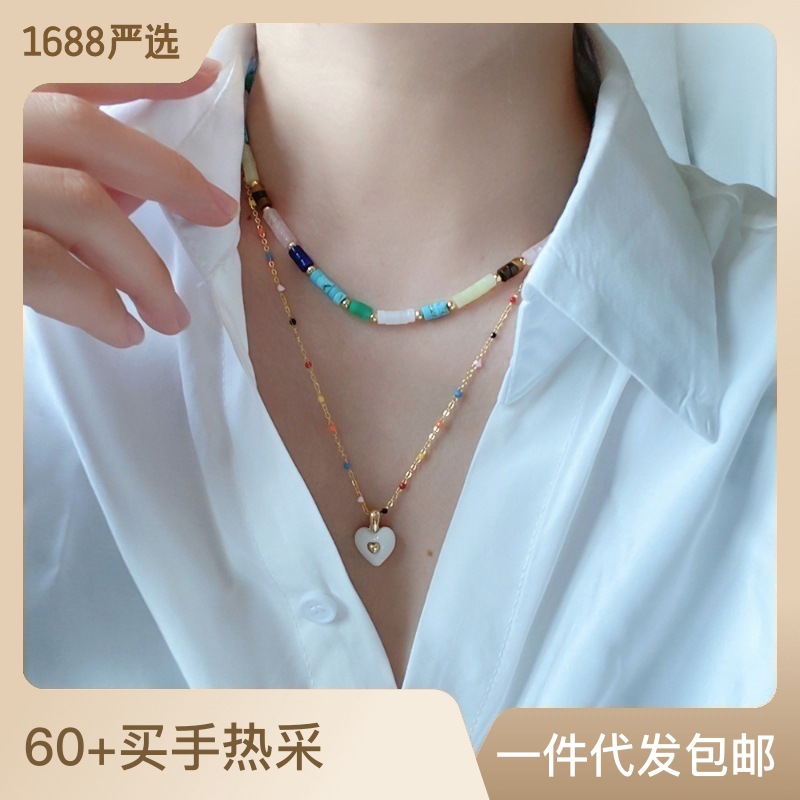 欧美ins新款复古简约手工串珠项链女爱心烤漆彩色精致时尚锁骨链